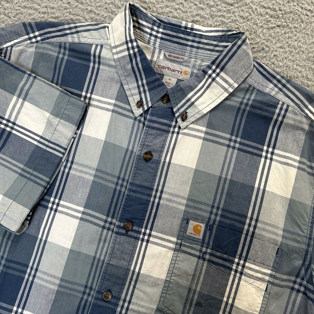 Carhartt Shirt Mens XL Blue Plaid Outdoor Camping Workwear Logo Chest Pocket